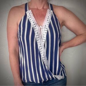 Hayden Los Angeles Striped Navy & White Lace-Trim Racerback Tie Front Tank Top